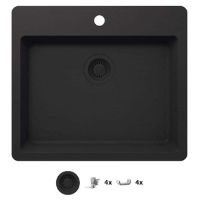lot 151 image: GLACIER BAY Stonehaven 25 in. Drop-In Single Bowl Black Onyx Granite Composite Kitchen Sink with Black Strainer