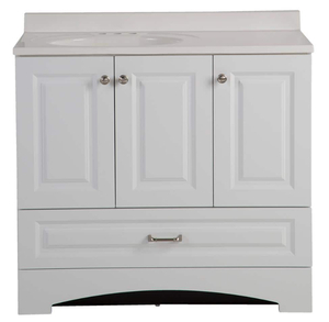 lot 153 image: GLACIER BAY Lancaster 37 in. W x 19 in. D x 35 in. H Raised Panel Freestanding Bath Vanity in White with White Cultured Marble Top