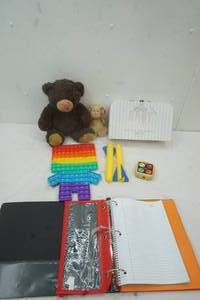 lot 65 image: Three Ring Binder, stuffed bears, fidget toys, nerf arrows