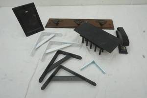 lot 67 image: Hardware, Hanging brackets, coat hanger with name tags , picture frame