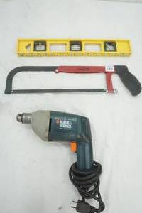 lot 176 image: Hand Tools, Hand Saw, Electric Drill and Level