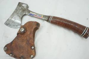 lot 222 image: Axe with hand tooled leather sheath