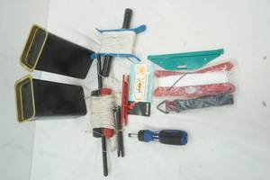 lot 338 image: Kite String, Screwdriver (with multiple attachments), Two Black Empty Tin Cans