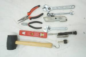 lot 341 image: Tools, Rubber Hammer, Leveler, wrenches, wire cutter and more