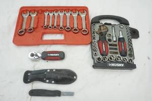 lot 351 image: hand Tools, Husky Socket set, wrench, knife and more
