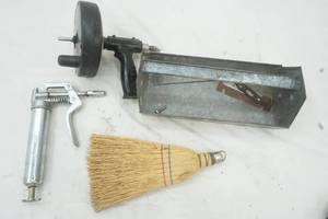 lot 398 image: 25 Snake, Grease Gun, Broom, small tool box