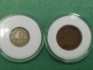 1869 Nickel 3-Cent Piece (Nice) & 1868 2-Cent Coin (Fair)