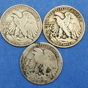 3 Walking Liberry Half Dollars--1935-D, 1937-S & Date ending in 9 - Could be 1919-D()