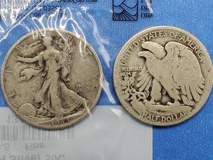2 Walking Liberty Half Dollars--1933-S, Fine in Sealed Littleton Pkg & 1918