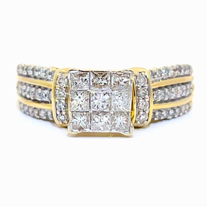 1 Carat Diamond Square Illusion Multi-Row Ring in Yellow Gold
