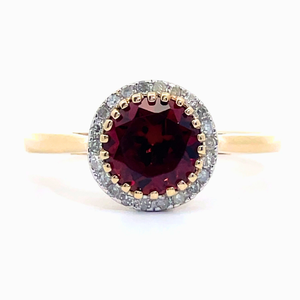 Round Garnet & Diamond Halo Ring in Yellow Gold