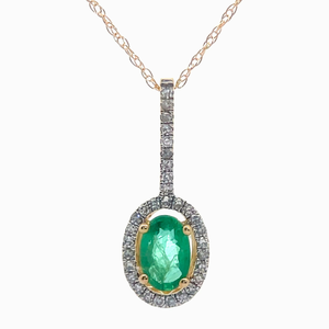 Oval Emerald & Diamond Halo Drop Pendant in Yellow Gold