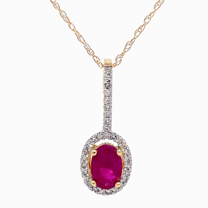 Oval Ruby & Diamond Halo Drop Pendant in Yellow Gold