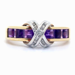 Diamond X-Ribbon & Amethyst Ring in Yellow Gold