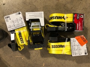 lot 42 image: Lot of Husky 2 in. x 27 ft. Heavy-Duty Ratchet Tie-Down Strap with Flat Hooks    Customer Returns See Pictures