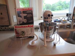 lot 67 image: Kitchen Aid Classic Stand Mixer with NIB Food grinder and NIB slicer shredder