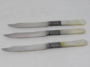 lot 69 image: 3 Abalone and sterling handled fruit knives  Landers Frary & Clark