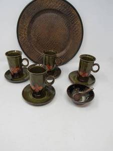 lot 166 image: MCM Otagiri tea cups  4 with saucers and bonus resin charger and Japanese tenmku tea bowl & teak spoon