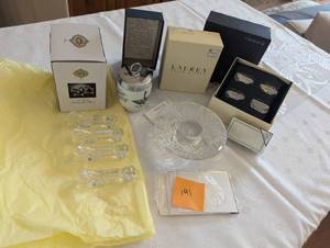 lot 191 image: Crystal Knife Rests, Orrefors Candle holder, Ralph Lauren Placecard holders, egg coddler NIB,