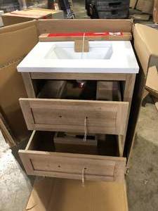 Home Decorators Collection Autumn 24 in. W x 19 in. D x 34 in. H Single Sink Bath Vanity in Weathered Tan with White Engineered Stone Top  Granite Broken Customer Returns See Pictures