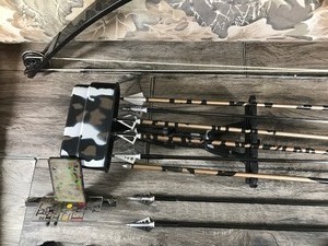 lot 257 image: Compound Bear Hunter Bow, Padded Case, Extra Sight, 2 Releases, Quiver with 8 Arrows, Double sided Vest & Forearm Safety Strap