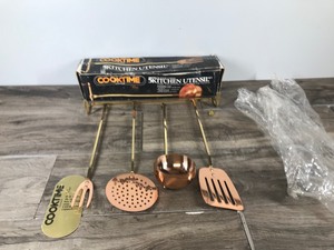 lot 321 image: 5 Piece Solid Copper Kitchen Utensil Set with Decorative Brass Rack