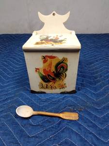 lot 25 image: Antique salt wall hanging wood salt box with wooden spoon