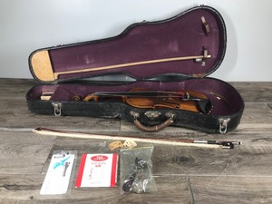 lot 354 image: Vintage Violin, Case, 2 Bows, Paperwork & More