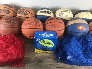 lot 371 image: Lot of Basketballs - 5 Red Jerseys - 5 Blue Jerseys & a Basketball Carrying Bag