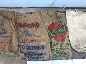 lot 407 image: Lot of Grain Bags - Potato Bags  - 3 Duffle Bags (Possibly Military - Had name and numbers on the bag)