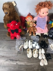 lot 413 image: Cabbage Patch Doll - Lot of Doll Shoes - Beanie Baby with Tag - Vintage Metal Spin Tops - Mickey Mouse Club Hat & More