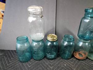 lot 149 image: Vintage blue and clear Atlas, Festers, Mason canning jars (2 have patten dates)