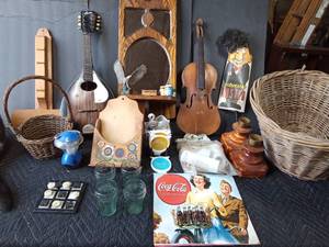 lot 137 image: Lg basket of collectables, marble tic tac toe game and more