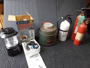 lot 119 image: New rechargable lantern, 3 fire extinguishers and 1 vintage water cooler