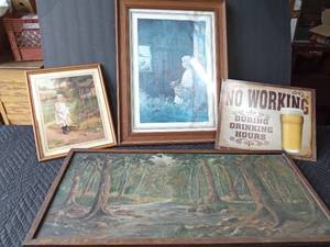 lot 113 image: Painting, 2 pictures and a metal sign