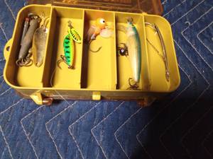 lot 50 image: Sm double sided Plano tackle box of tackle