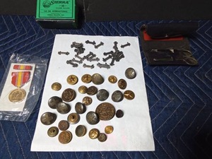 lot 35 image: Military sewing kit, military buttons, and national defense medal