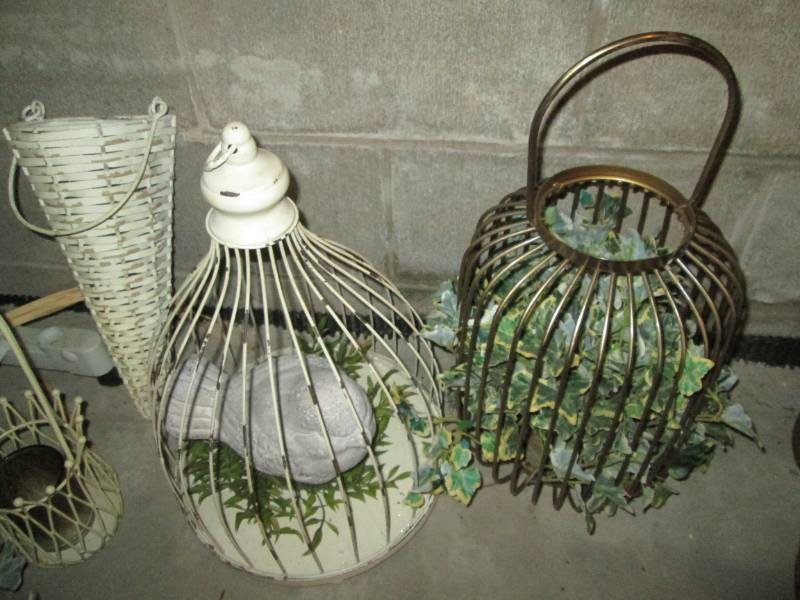 Heavy Metal Bird Cage and vase Collection adorned with Faux foliage and ceramic bird