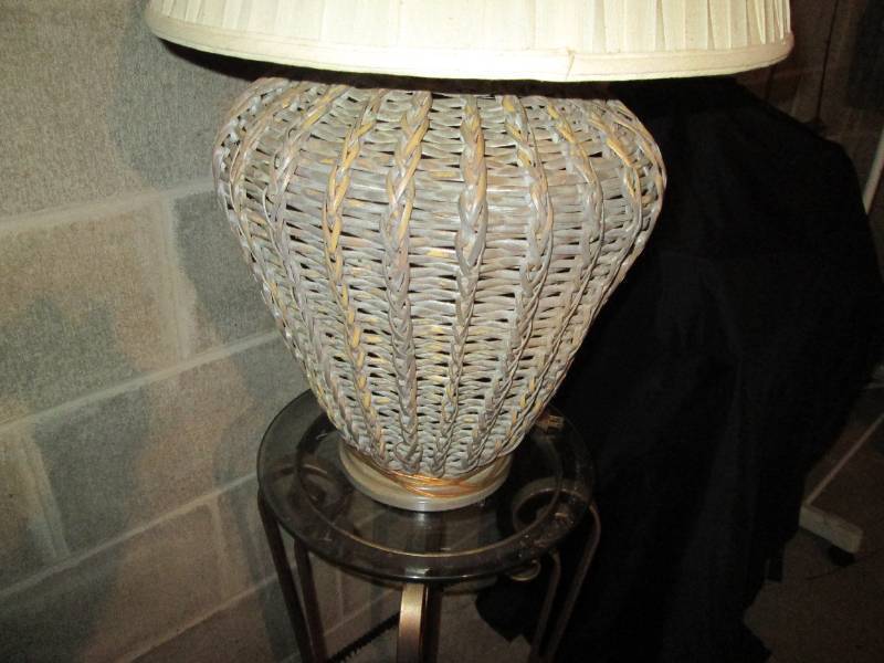 Large Wicker Rattan Lamp with Heavy Metal Scrolling Style Side table with glass surface