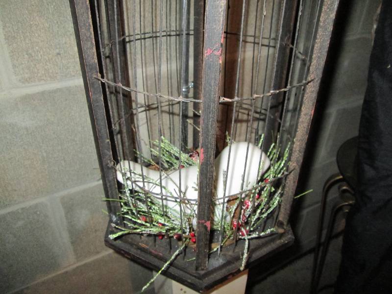 Castle Style Bird Cage Decor with ceramic Bird sitting atop a 32 Shabby Chic pedestal stand