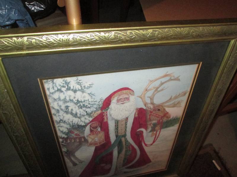 Santa Claus and reindeer framed and double matted wall decor also signed by the artist Nadine Harper plus Red Painted deep wooden Post vase