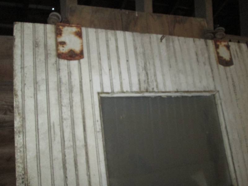 Vintage White painted wood Rolling Barn door with Glass window approximately 47 34 wide