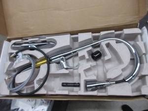lot 228 image: KOHLER Simplice Pull Down Kitchen Faucet, 3-Spray Faucet, Kitchen Sink Faucet with Pull Down Sprayer, Polished Chrome, K-596-CP USED, NOT TESTED