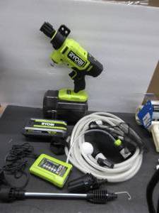 lot 232 image: Ryobi One HP Brushless EZClean 600 PSI 0.7 GPM 40 Volt HP Cold Water Cleaner with 2.0 Ah Battery and Charger and attachments shown in pictures USED, SMELLS LIKE BLEACH, WORKS, TESTED