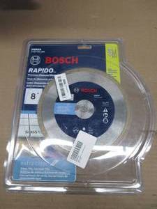 lot 253 image: BOSCH DB869 8 In. Rapido Premium Continuous Rim Diamond Blade with 58 In. Arbor for Wet Cutting Applications in Glass Tile, Ceramic Tile, Silver NEW
