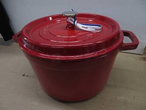 lot 260 image: Staub Cast Iron Dutch Oven 5-qt Tall Cocotte, Made in France, Serves 5-6, Cherry NEW BUT HAS SCRATCHES, CHIPPED