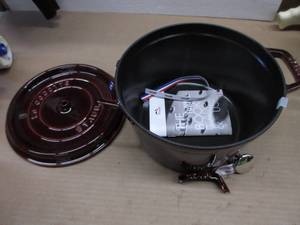 lot 261 image: Staub Cast Iron 5-qt Tall Cocotte - Grenadine, Made in France SCREW MISSING FOR TOP HANDLE, SIDE HANDLE IS BROKEN, CHIPPED A BIT NEW BUT DAMAGED