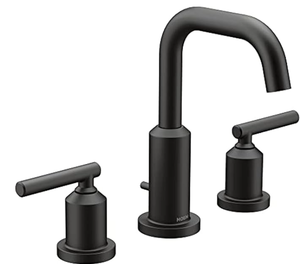 lot 422 image: Moen Gibson Matte Black Two-Handle Widespread High Arc Modern Bathroom Sink Faucet, Modern Bathroom Faucet for Three Hole Bath Sinks (Valve Required), T6142BL - Slight Scratches