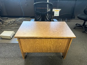 lot 11 image: Wooden Rolling Desk and Adjustable Mesh Back Rolling Chair