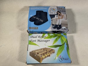 lot 137 image: Memory Foam Massaging Booties and Dual Roller Foot Massager